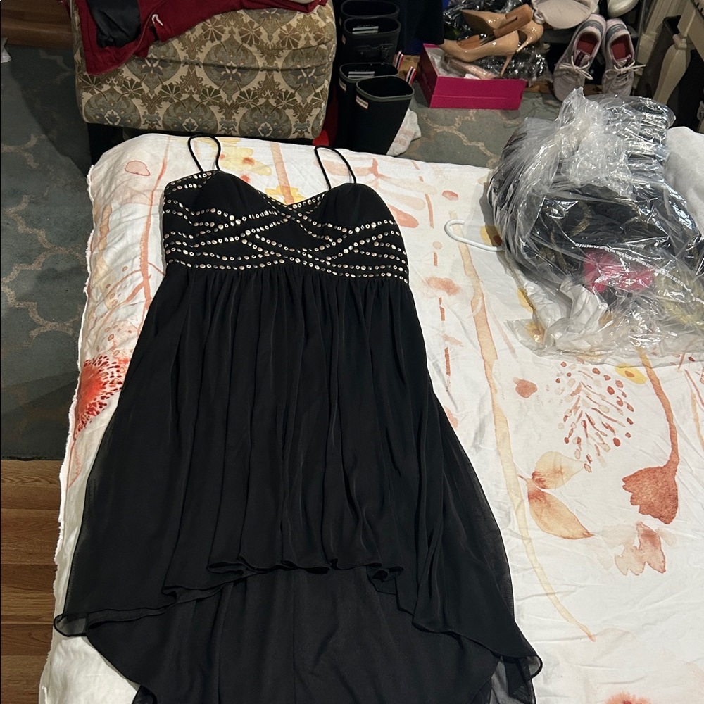 Betsy & Adam Black High Low Dress with Silver Beading